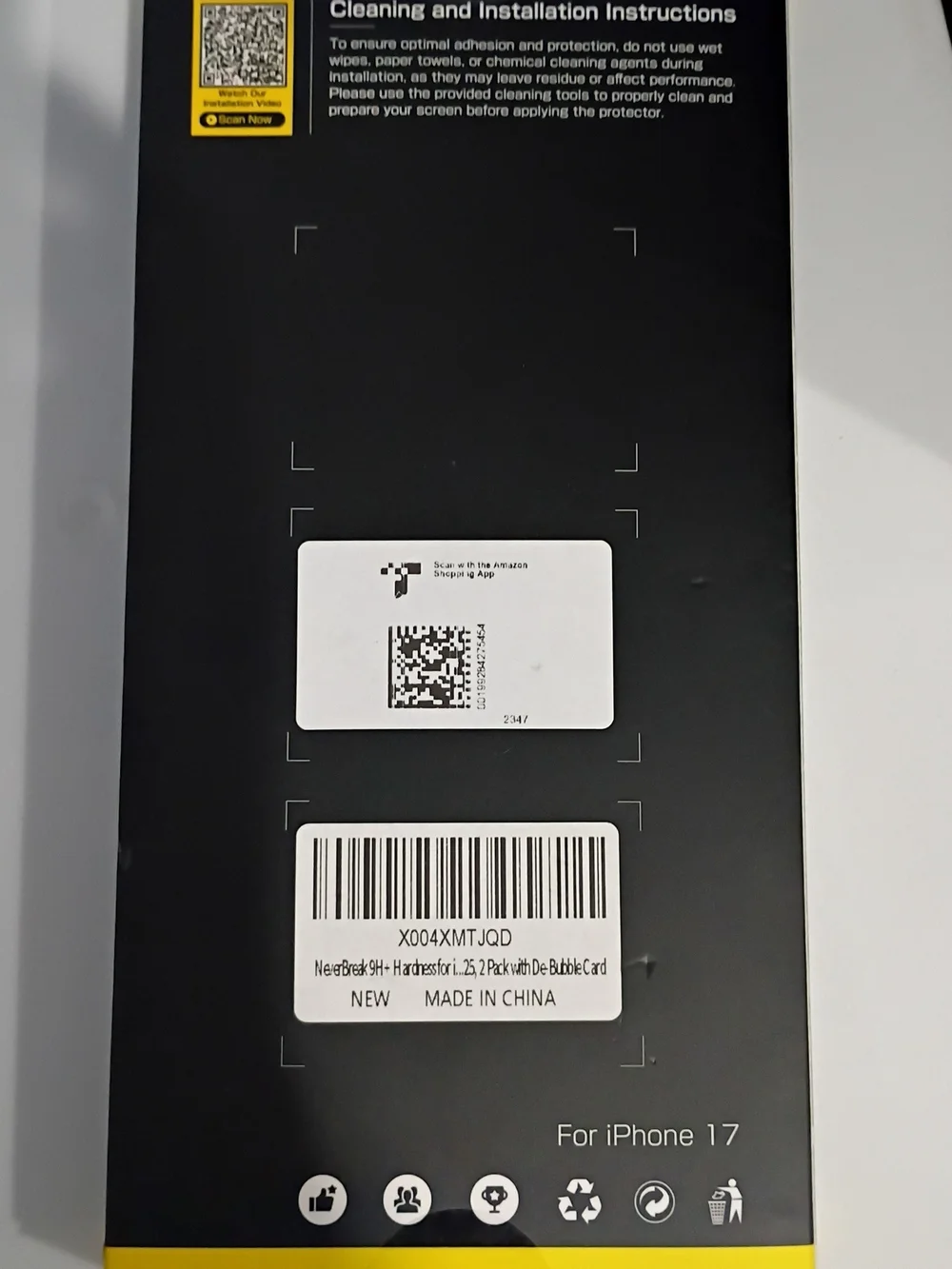 Never Breaki Screen Protector for iPhone 17 - Black & Yellow Packaging
